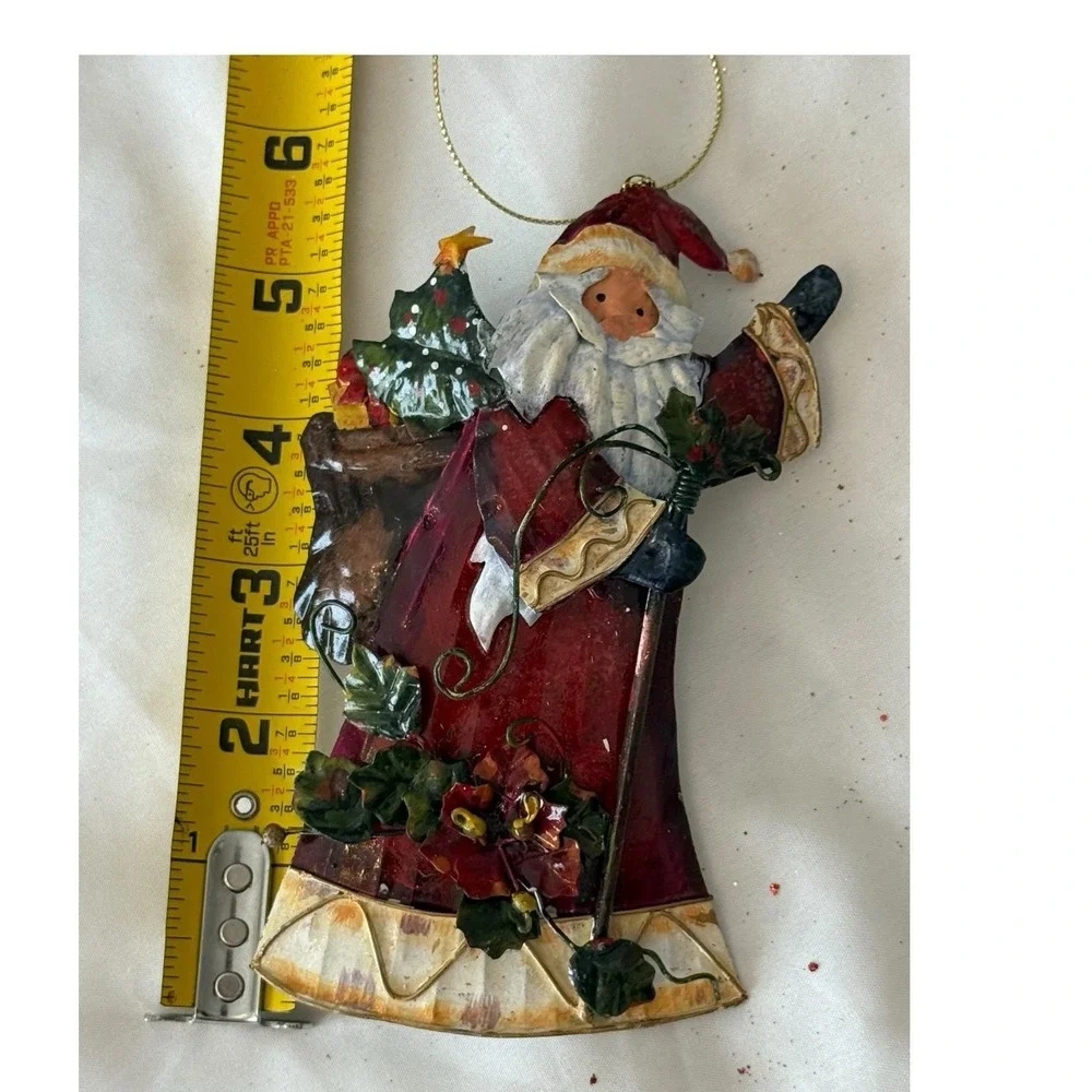 3 Rustic Metal Tin Country Santa Claus Christmas Ornaments 6'-8' EUC